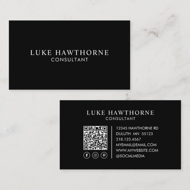 Schwarz Beruflich Eleganter moderner Minimal QR Co Visitenkarte (Vorne/Hinten)