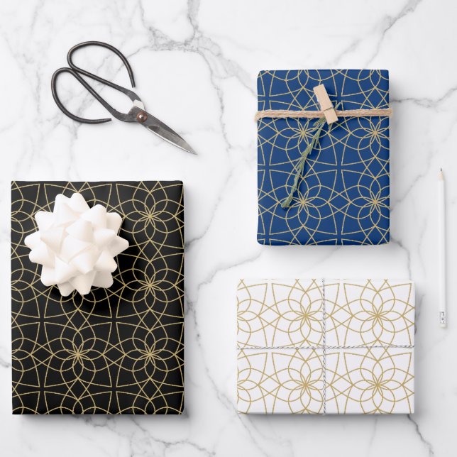Schwarz-Blau-Arabian-islamische geometrische Muste Geschenkpapier Set (Vorderseite)