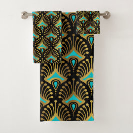 Schwarz-Blau-Art-Deco-Muster Badhandtuch Set