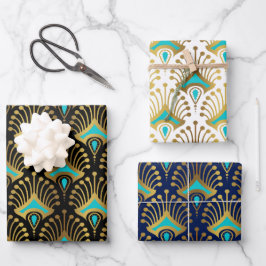 Schwarz-Blau-Art-Deco-Muster Geschenkpapier Set