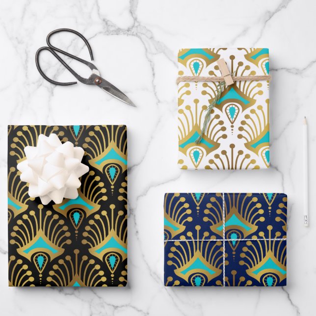 Schwarz-Blau-Art-Deco-Muster Geschenkpapier Set (Vorderseite)