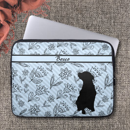 Schwarz-Blau-Blume Streifen mit Hunde-Silhouette Laptopschutzhülle