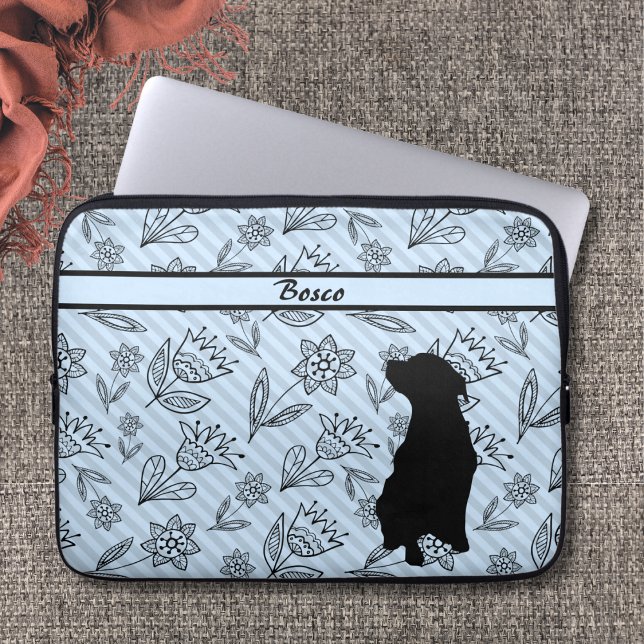 Schwarz-Blau-Blume Streifen mit Hunde-Silhouette Laptopschutzhülle (Von Creator hochgeladen)