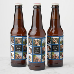 Schwarz-Blau-Collage des Hochzeitsstils des Fotos Bierflaschenetikett