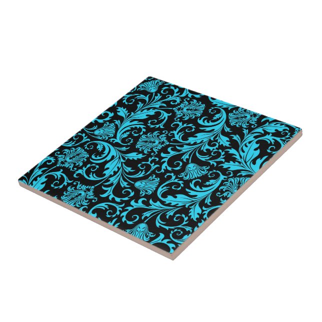 Schwarz & Blau Elegantes Muster für Damaskus-Flora Fliese (Seite)