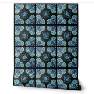 Schwarz-Blau-Fliesenmuster Vinyl Tapete