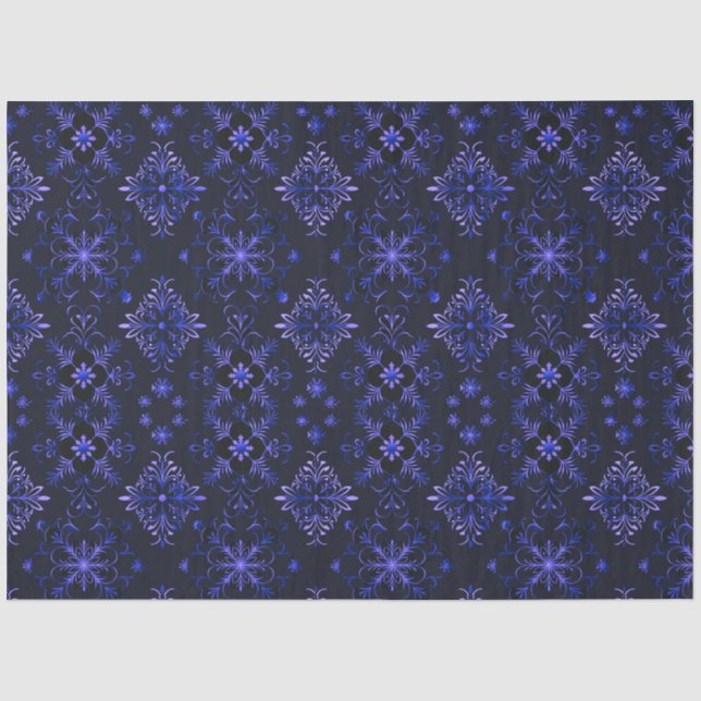 Schwarz-Blau-Flora-Schneeflocken Weihnachten Seidenpapier (Vorderseite)
