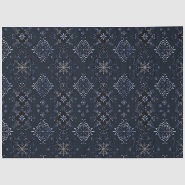 Schwarz-Blau-Flora-Schneeflocken Weihnachten Seidenpapier (Vorderseite)