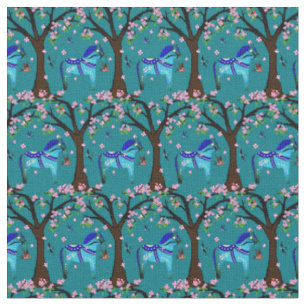 Schwarz/Blau Folk Dala Pferd/Folkvögel/Blume Stoff