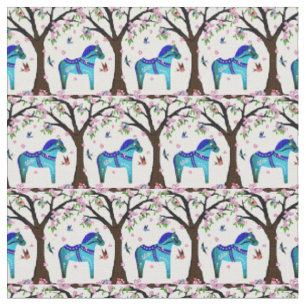 Schwarz/Blau Folk Dala Pferd/Folkvögel/Blume Stoff