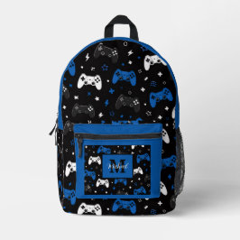 Schwarz Blau Gaming Controller Muster Monogramm Na Bedruckter Rucksack