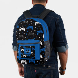 Schwarz Blau Gaming Controller Muster Monogramm Na Bedruckter Rucksack