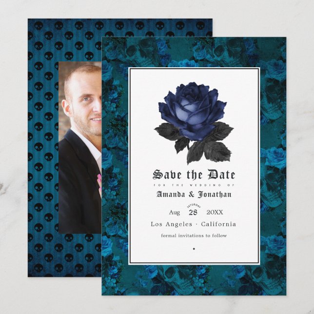 Schwarz-Blau-Gotik-Hochzeitssemble-Foto Save The Date (Vorne/Hinten)