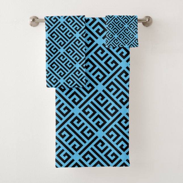 Schwarz-Blau-Griechisches Schlüsselmuster Badhandtuch Set (Insitu)