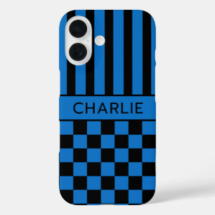 Schwarz-blau kariert gestreift Personalisiert iPhone 16 Hülle