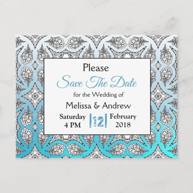 Schwarz-Blau-Mandala-Hochzeit Das Datum speichern Ankündigungspostkarte (Vorderseite)