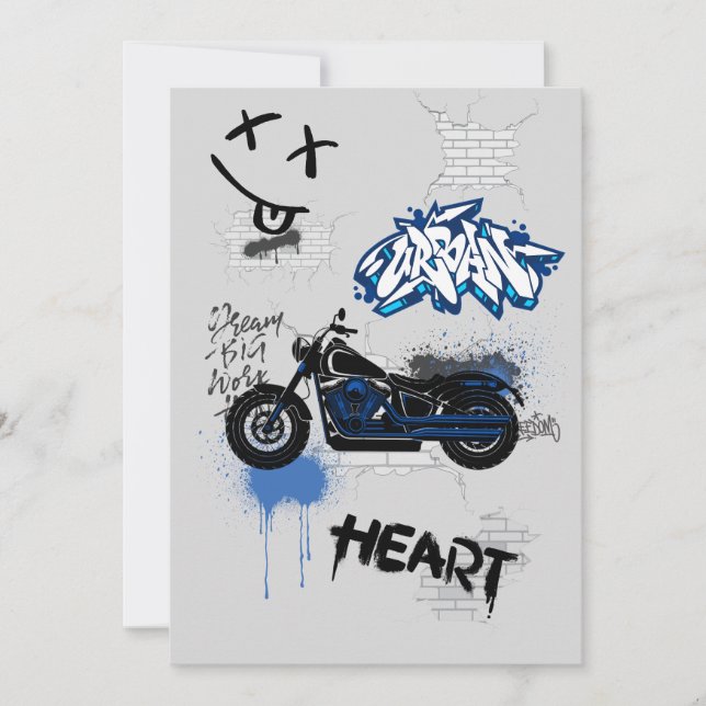 Schwarz-Blau-Motorradgraffiti grau Einladung (Vorderseite)