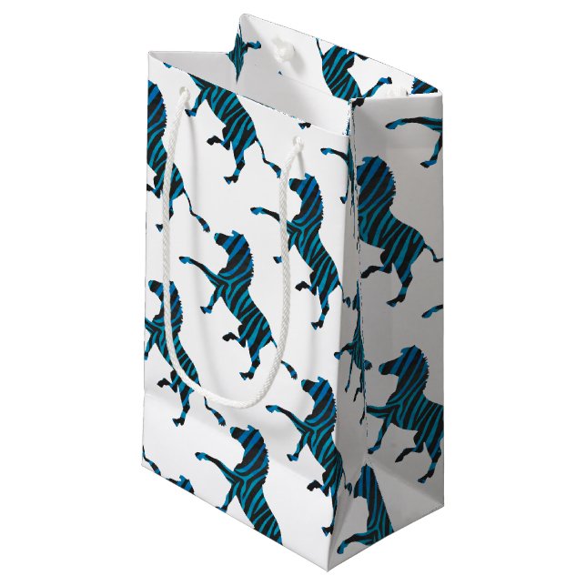 Schwarz-Blau-Silhouette Zebra Kleine Geschenktüte (Vorderseite Schrägansicht)