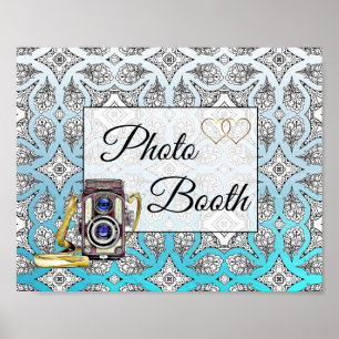 Schwarz-blaue Fotoautomaten-Hochzeitsschild Poster