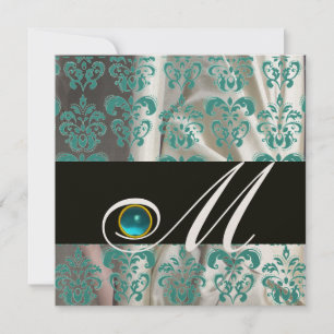 SCHWARZ BLAUE SEIDEN-DAMAST-MONOGRAMM AQUAMARIN EINLADUNG