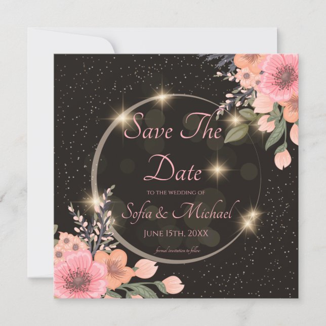 Schwarz/Blumen Save the Date Einladung (Vorderseite)