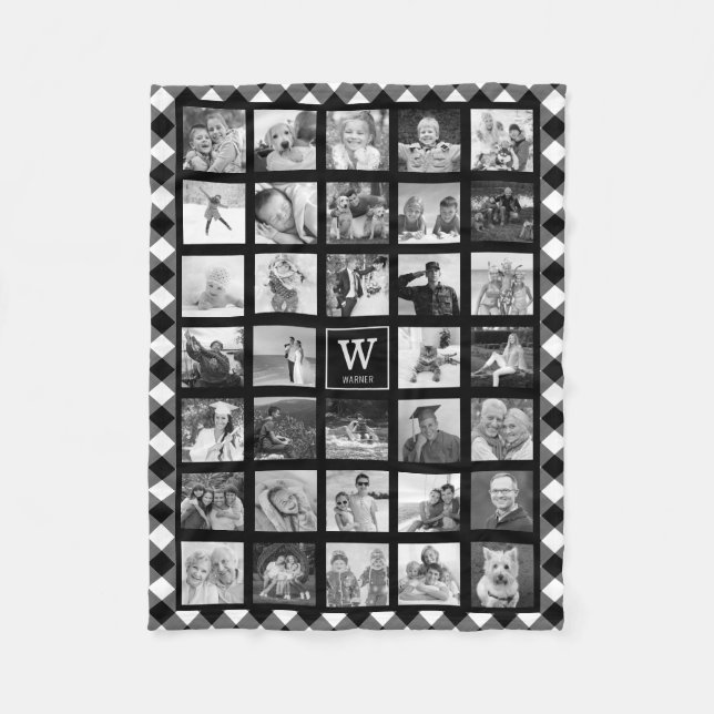 Schwarz-Buffalo-Karierter Monogrammname Fleecedecke (Vorderseite)