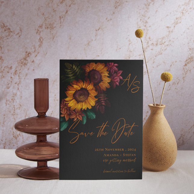 Schwarz Burnt Orange Monogram Wedding Save the Dat (Black Burnt Orange Elegant Wedding Save the Date Invitation)
