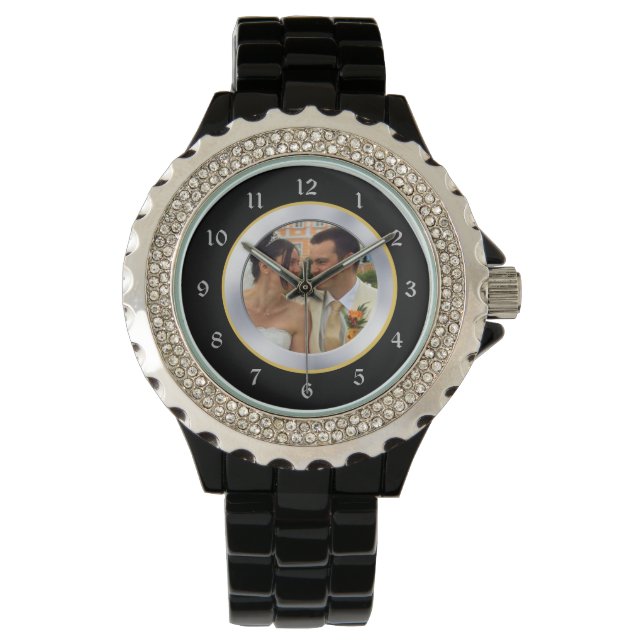 Schwarz-Chrome-Keepake-Fotovorlage Armbanduhr (Vorderseite)
