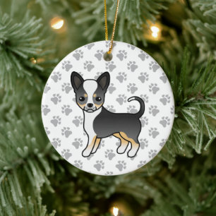 Schwarz Dreifarbig Glatthaar Chihuahua Hund & Pfot Keramik Ornament