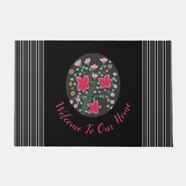 Schwarz Dunkelgrau und Fuchsia Flower Accented Fußmatte (Vorderseite)