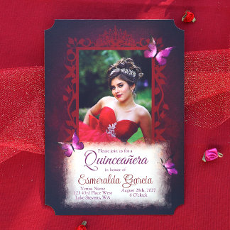 Schwarz, Dunkelrot, violette Schmetterlinge Quince Einladung