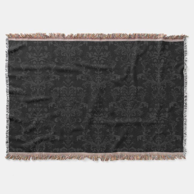 Schwarz Dunkler Fanchy Chic Damask Muster Decke (Vorderseite)