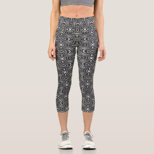 Schwarz + dunkles Silber Tribal-Muster Capri Leggings