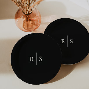 Schwarz & Ecru bearbeitbare Farbe Monogramm Hochze Pappteller