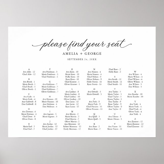 Schwarz Elegant Moderne Script Calligraphy Seating Poster (Vorne)
