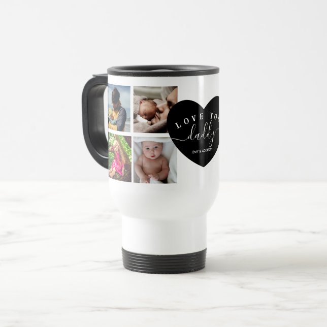 Schwarz Elegant Modernes Daddy Foto Collage Custom Reisebecher (Vorderseite Links)