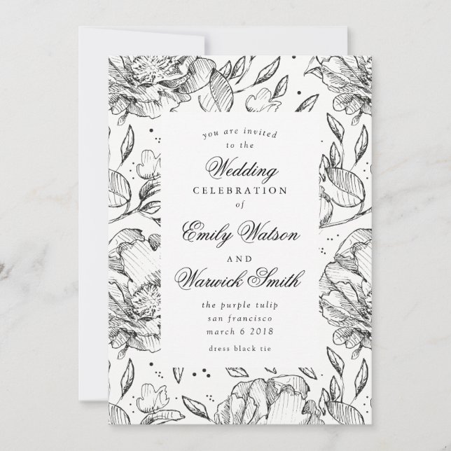 Schwarz Elegante Hand gezeichnete Blumen Hochzeit  Einladung (Vorderseite)