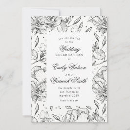 Schwarz Elegante Hand gezeichnete Blumen Hochzeit  Einladung