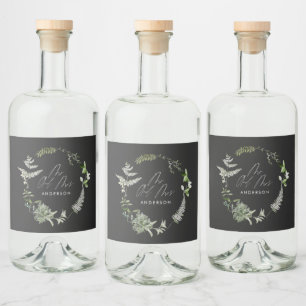 Schwarz elegante moderne botanische Skripthochzeit Alkoholflaschenetikett