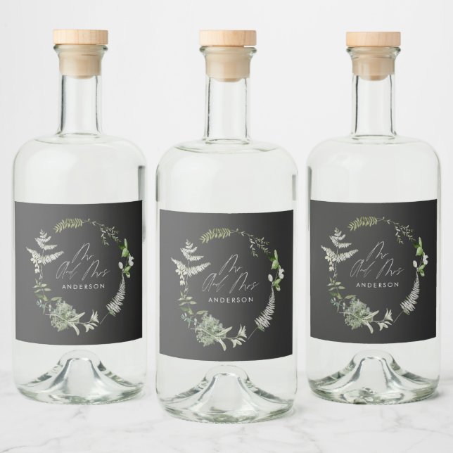 Schwarz elegante moderne botanische Skripthochzeit Alkoholflaschenetikett (Flaschen)