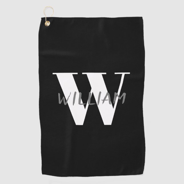 Schwarz | Eleganter Grauer Name und Weißer Anfangs Golfhandtuch (Vorderseite)