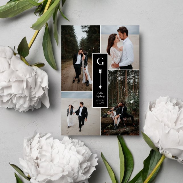 Schwarz-Eleganter Pfeil Hochzeitungs-FotoCollage Dankeskarte (Von Creator hochgeladen)