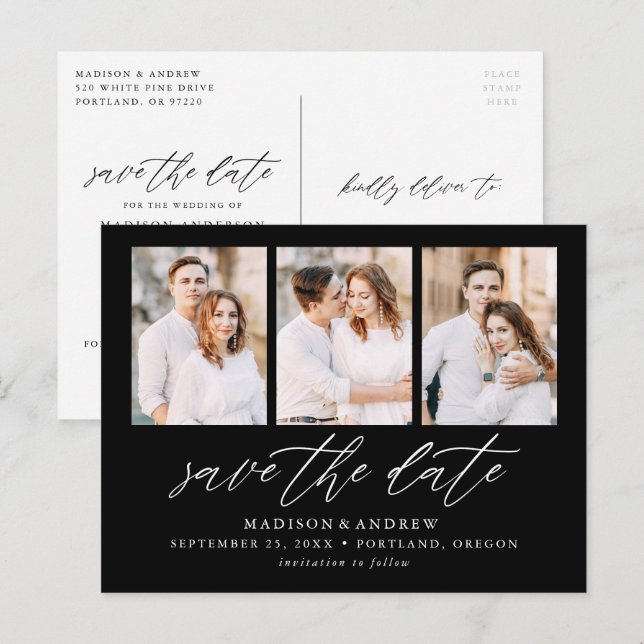 Schwarz-Elegantes Script 3 FotoCollage Save the Da Ankündigungspostkarte (Vorne/Hinten)