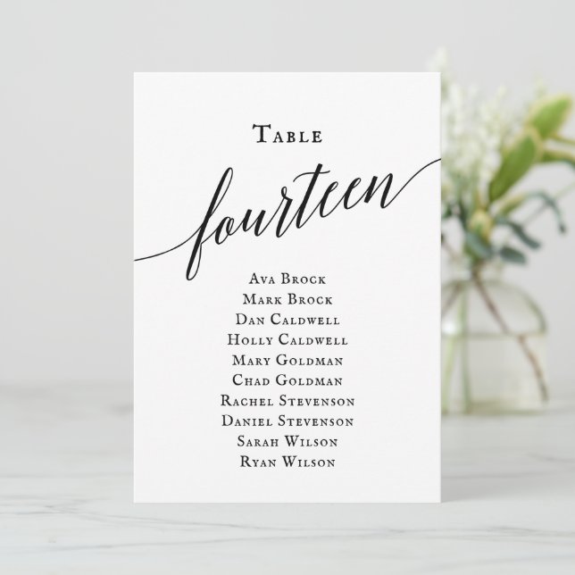 Schwarz-Elegantes Script-Tischnummer 14 Seating Ch Einladung (Stehend Vorderseite)