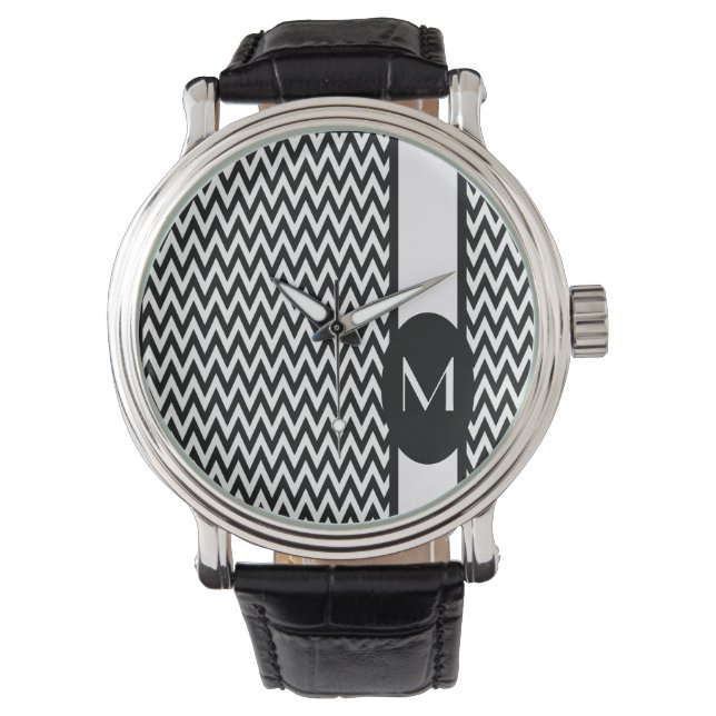 Schwarz Elegantes Zickzack Design mit Monogramm Armbanduhr (Vorderseite)