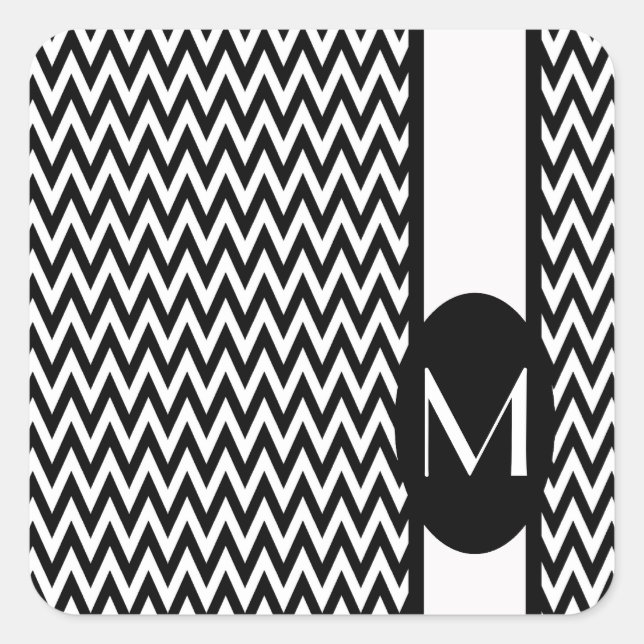 Schwarz Elegantes Zickzack Design mit Monogramm Quadratischer Aufkleber (Vorderseite)