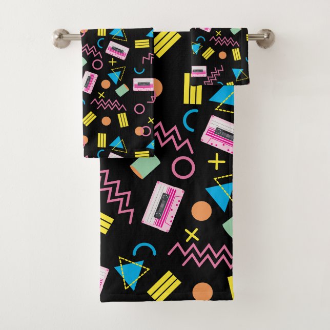 Schwarz farbenfrohe 80er Jahre Retro-Muster Badhandtuch Set (Insitu)