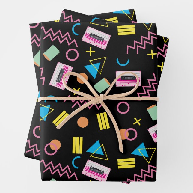 Schwarz farbenfrohe 80er Jahre Retro-Muster Geschenkpapier Set (Beispiel)