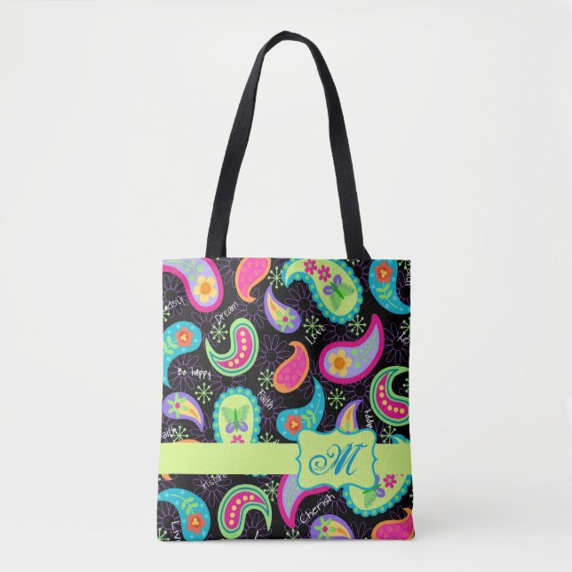 Schwarz Farbenfrohe moderne Paisley-Muster Monogra Tasche (Vorderseite)