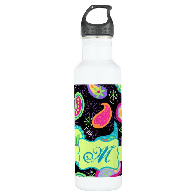 Schwarz Farbenfrohe moderne Paisley-Muster Monogra Trinkflasche (Vorderseite)
